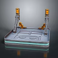 Mechanical Gate Design Featuring Yellow Mechanical Arms Gray Platform Blue Illuminated Stripes And Surface Patterns