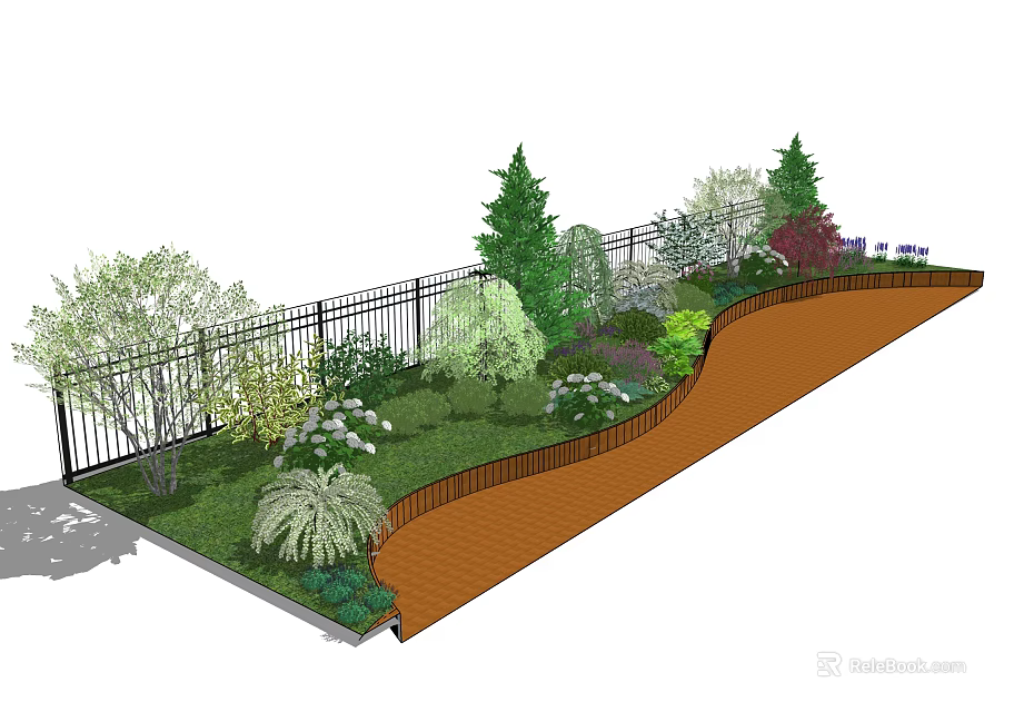 Lush Garden With Colorful Flowers Various Plants Trees Green Lawn Curved Walkway And Black Metal Fence 3d model 