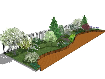 Lush Garden With Colorful Flowers Various Plants Trees Green Lawn Curved Walkway And Black Metal Fence 3d model