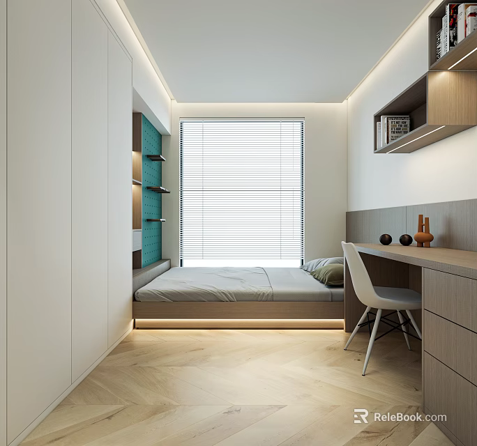 Modern Tatami Bedroom With Desk Chair Bookshelf And Window Blinds 3d model 