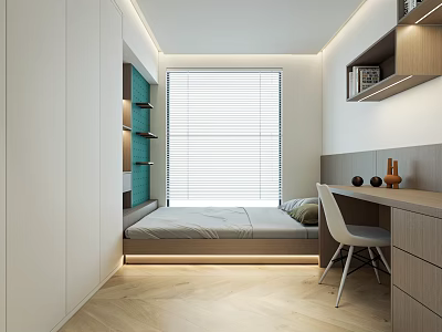 Modern Tatami Bedroom With Desk Chair Bookshelf And Window Blinds 3d model