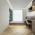 Modern Tatami Bedroom With Desk Chair Bookshelf And Window Blinds