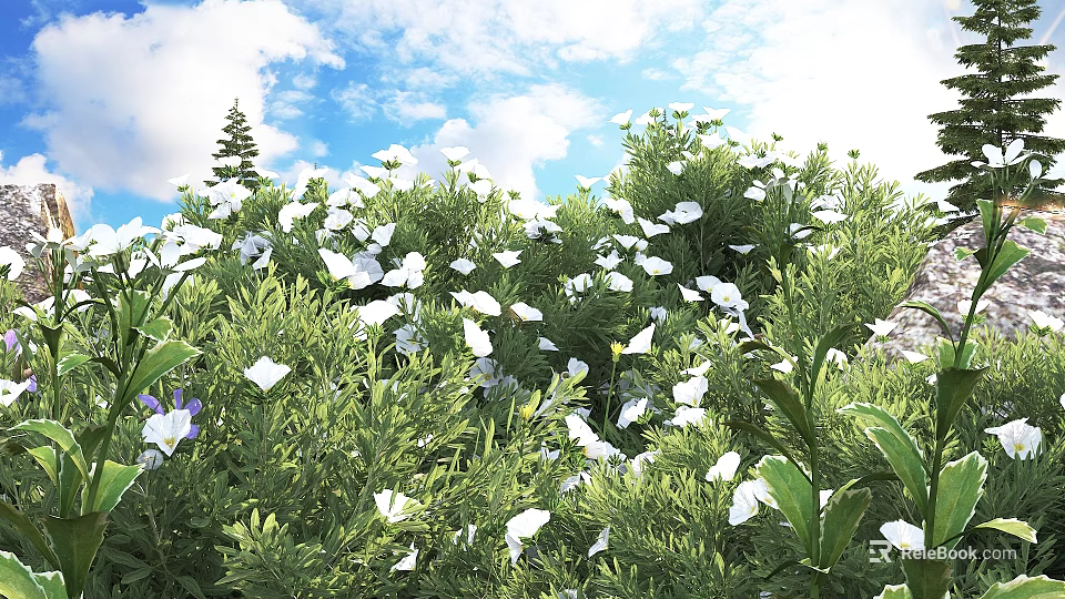 Lush Green Shrub With White Flowers And Green Leaves Against Blue Sky And White Clouds 3d model 