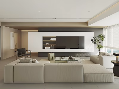 Modern Living Room Interior With Large Sofa TV Wall Potted Plant And Natural Light 3d model