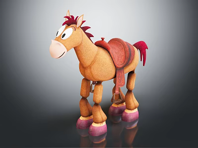 Cute Brown Cartoon Horse Stuffed Toy With Red Mane Tail Saddle And Pink Hooves 3d model