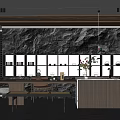 Modern Tea Room Interior Design With Stone Wall Wooden Counter And Pendant Lights