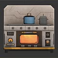 Vintage Style Kitchen Appliance With Stove Oven Microwave Featuring Blue And Silver Pots