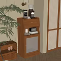 Modern Wooden Storage Cabinet with Grid Door and Coffee Grinder Candle Books