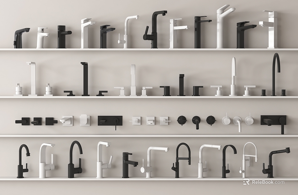 Multiple Faucets In Various Black And White Styles Arranged Neatly On White Shelves 3d model 