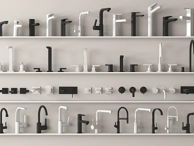 Multiple Faucets In Various Black And White Styles Arranged Neatly On White Shelves 3d model