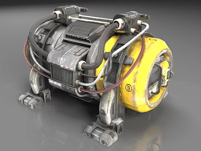 Yellow And Gray Industrial Equipment With Mechanical Pipes Metal Wheels And Base 3d model