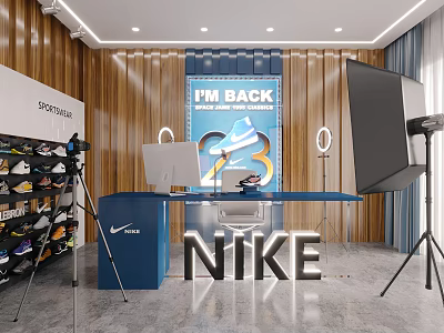 Nike Store Interior With Shoes Display I'M BACK 23 Poster Wooden Walls And Blue Counter 3d model