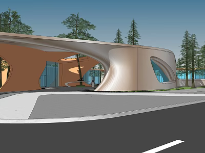 Modern Building Facade with Curved Architectural Design and Glass Elements Surrounded by Trees 3d model