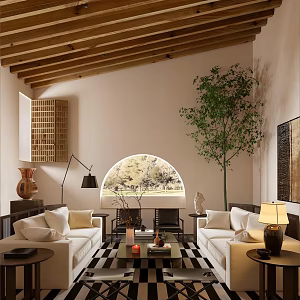 Quiet Ancient Style Living Room Without Main Lamp Living Room New Chinese Style Living Room Fabric Sofa Coffee Table Combination Leisure Chair Ancient Style Ornaments Combination 3d model
