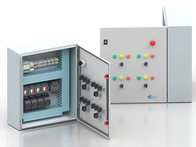 Industrial Control Panels Featuring Open Door With Circuit Breakers Control Buttons And Indicator Lights 3d model