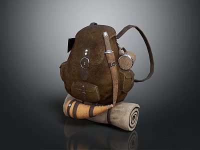 Brown Leather Backpack With Straps Pockets And Outdoor Rolled Blanket Accessory 3d model