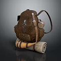 Brown Leather Backpack With Straps Pockets And Outdoor Rolled Blanket Accessory 3d model