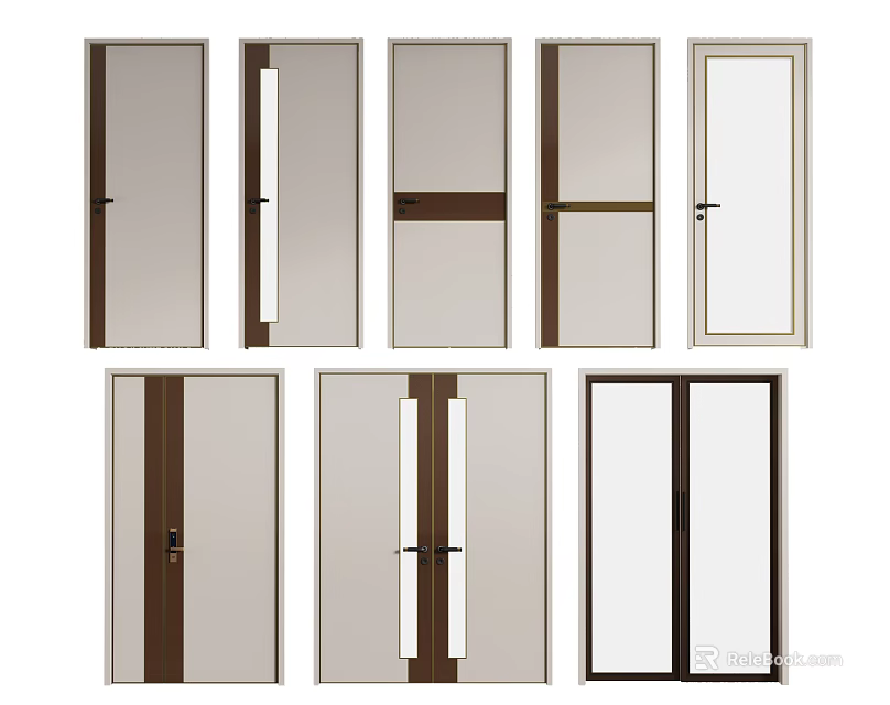 Contemporary Swing Doors With Various Glass Panel And Wooden Frame Designs For Home 3d model 