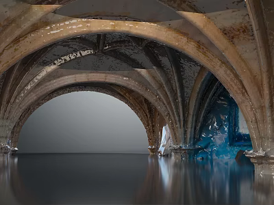 Ancient Vaulted Stone Arches Interior With Water Reflection And Blue Accents 3d model