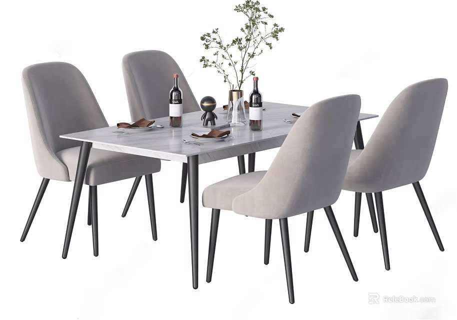 Modern Dining Table Set with Light Gray Upholstered Chairs White Rectangular Tabletop and Decorative Plants 3d model