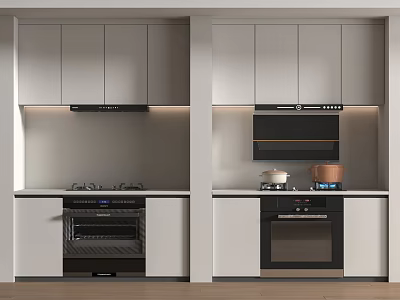 Modern Kitchen Appliances With White Cabinets Black Ovens Gas Stoves And Range Hoods 3d model