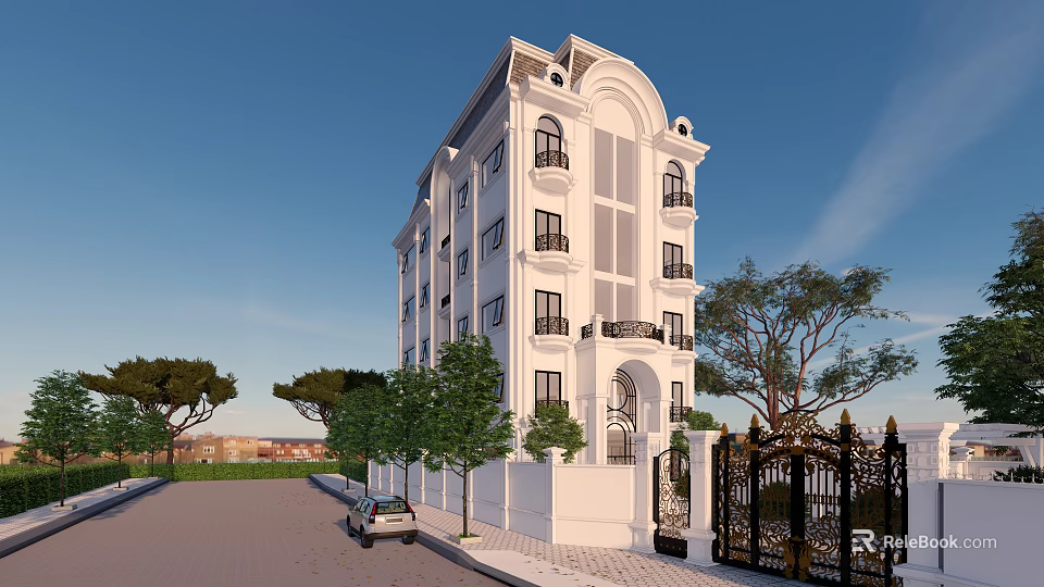 White Multi Story Detached Villa Exterior With Balconies Wrought Iron Gate And Trees 3d model 