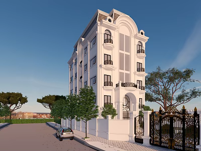 White Multi Story Detached Villa Exterior With Balconies Wrought Iron Gate And Trees 3d model