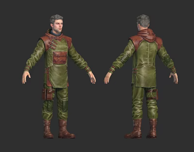 Male 3D Character Model in Green Costume with Brown Accents Front Back View 3d model