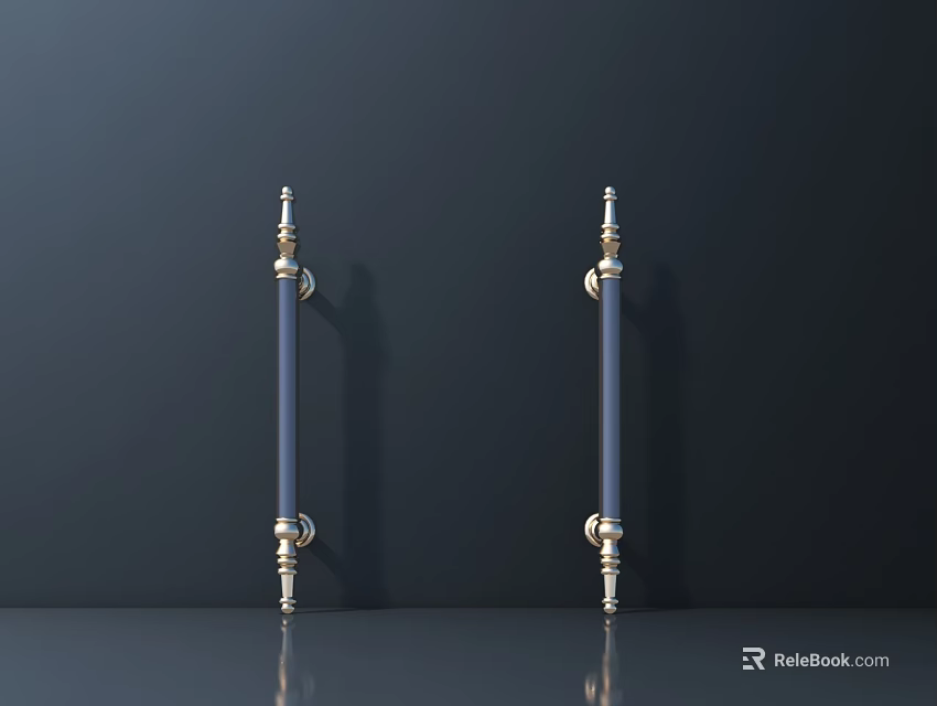 Elegant Brass Accent Door Handles Mounted On Dark Background With Sleek Metal Design 3d model 