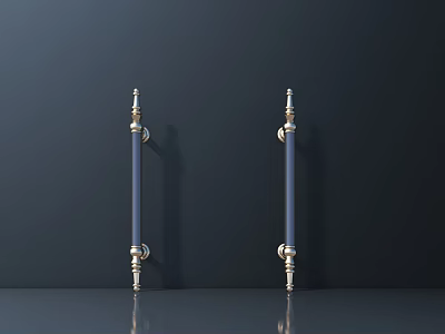 Elegant Brass Accent Door Handles Mounted On Dark Background With Sleek Metal Design 3d model