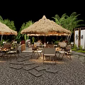 Outdoor Café With Straw Umbrellas Japanese Signage Green Plants And Stone Path