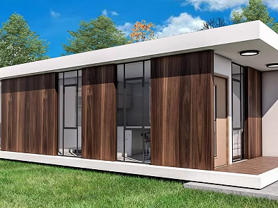 Modern Detached House with Wooden Exterior Large Windows Green Lawn and Trees 3d model