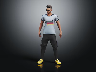 Men's Casual Clothing With Short Sleeved Striped T shirt Black Cargo Pants And Yellow Sneakers 3d model