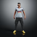 Men's Casual Clothing With Short Sleeved Striped T shirt Black Cargo Pants And Yellow Sneakers