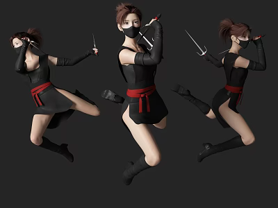 Women In Black Outfits With Red Belts Jumping With Swords And Masks 3d model