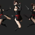 Women In Black Outfits With Red Belts Jumping With Swords And Masks