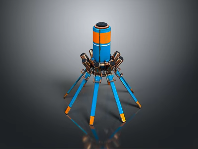 Blue And Orange Mechanical Spider Like Device On Gray Reflective Background 3d model