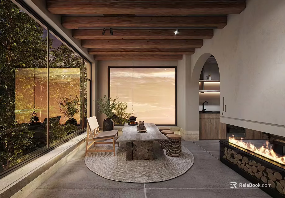 Dining and Living Room Interior With Wooden Ceiling Large Windows Fireplace And Natural Light 3d model 