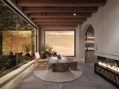 Dining and Living Room Interior With Wooden Ceiling Large Windows Fireplace And Natural Light 3d model