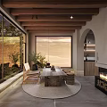 Dining and Living Room Interior With Wooden Ceiling Large Windows Fireplace And Natural Light