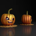 Two Pumpkins With Smiling Faces On Black Background And Leaf Bases With Reflections