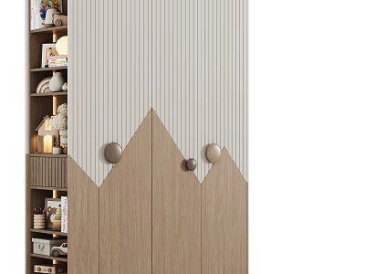 Modern Wooden Decorative Cabinet With Vertical Stripes Triangular Top Design And Circular Metal Handles 3d model