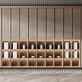 Modern Wooden Showcase Shelves Featuring Compartments With Tea Sets And Books