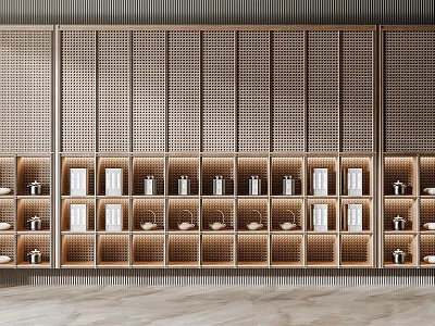 Modern Wooden Showcase Shelves Featuring Compartments With Tea Sets And Books 3d model