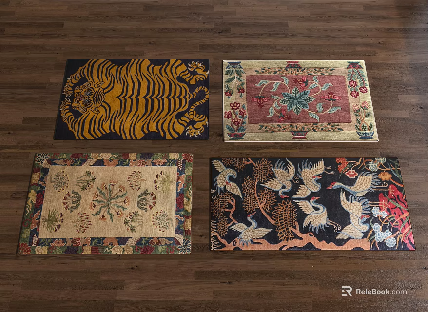 Assorted Decorative Square Rugs Featuring Tiger Floral Traditional Crane Patterns 3d model