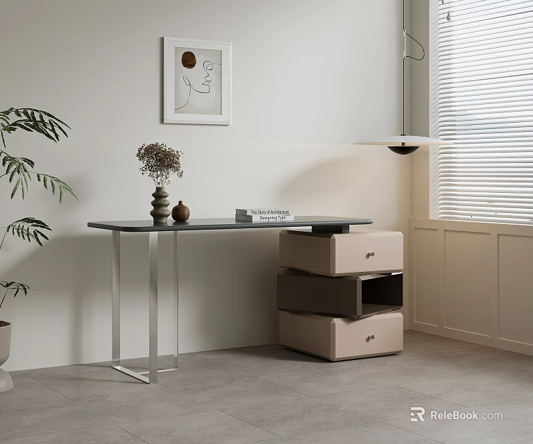 Modern Desk With Black Tabletop Metal Legs Storage Boxes Green Plant And Abstract Painting 3d model 