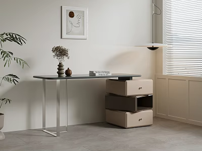 Modern Desk With Black Tabletop Metal Legs Storage Boxes Green Plant And Abstract Painting 3d model