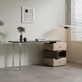 Modern Desk With Black Tabletop Metal Legs Storage Boxes Green Plant And Abstract Painting