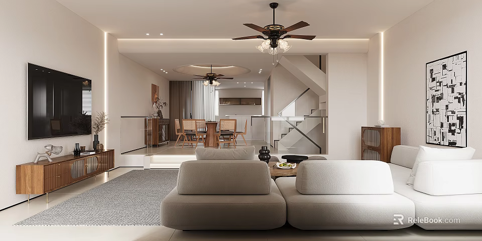 Modern Living And Dining Area Interior With Beige Sofa Dining Table And Ceiling Fan 3d model 
