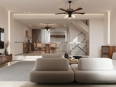 Modern Living And Dining Area Interior With Beige Sofa Dining Table And Ceiling Fan 3d model
